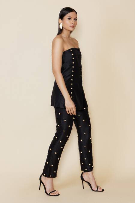 Maison Blu Black Silk, Linen Studs Off-shoulder Embellished Top And Pant Set Online at Aza Fashions Maison Blu_Black Silk, Linen Studs Off-shoulder Embellished Top And Pant Set _Online_at_Aza_Fashions