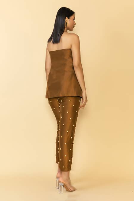 Maison Blu Stud Embellished Brown Top & Pant Set 