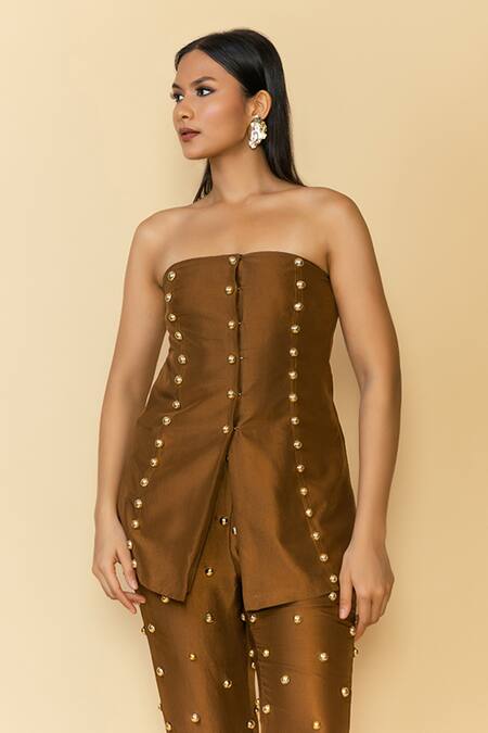 Maison Blu Brown Silk, Linen Studs Bandeau Neck Embellished Top And Pant Set Online at Aza Fashions Maison Blu_Brown Silk, Linen Studs Bandeau Neck Embellished Top And Pant Set _Online_at_Aza_Fashions