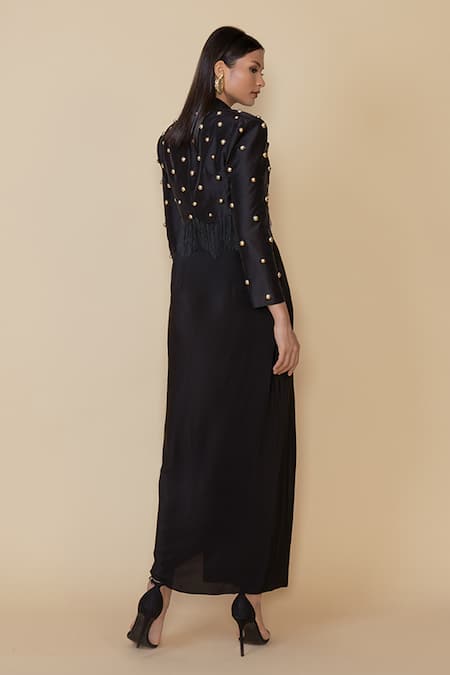 Maison Blu Stud Embellished Blazer & Draped Skirt Set 