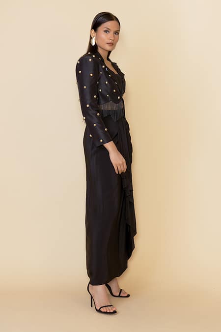 Buy Maison Blu Black Silk, Crepe Studs Square Neck Embellished Blazer And Draped Skirt Set Online at Aza Fashions Buy_Maison Blu_Black Silk, Crepe Studs Square Neck Embellished Blazer And Draped Skirt Set _Online_at_Aza_Fashions