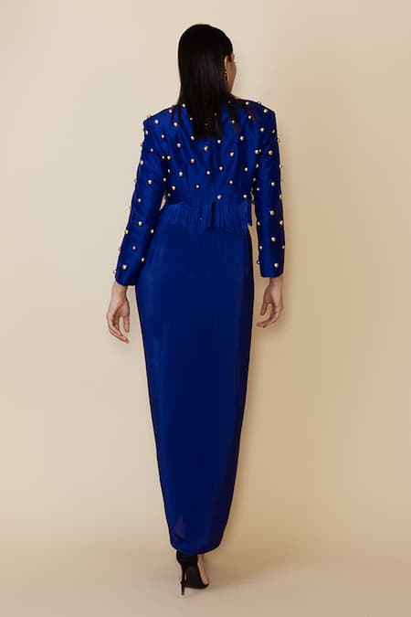 Maison Blu Stud Embellished Blazer & Draped Skirt Set 
