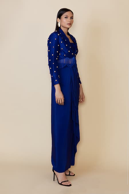Maison Blu Blue Silk, Crepe Studs Scoop Neck Embellished Blazer And Draped Skirt Set Online at Aza Fashions Maison Blu_Blue Silk, Crepe Studs Scoop Neck Embellished Blazer And Draped Skirt Set _Online_at_Aza_Fashions