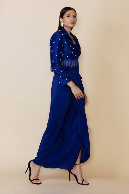 Buy Maison Blu Blue Silk, Crepe Studs Scoop Neck Embellished Blazer And Draped Skirt Set Online at Aza Fashions Buy_Maison Blu_Blue Silk, Crepe Studs Scoop Neck Embellished Blazer And Draped Skirt Set _Online_at_Aza_Fashions