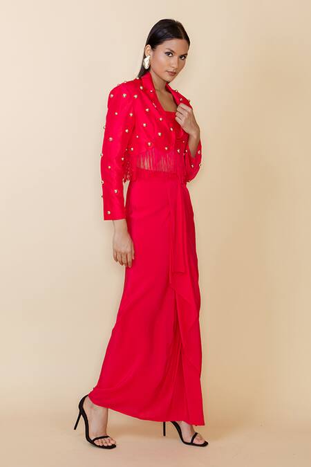 Maison Blu Red Silk, Crepe Studs Square Neck Embellished Blazer And Skirt Set Online at Aza Fashions Maison Blu_Red Silk, Crepe Studs Square Neck Embellished Blazer And Skirt Set _Online_at_Aza_Fashions