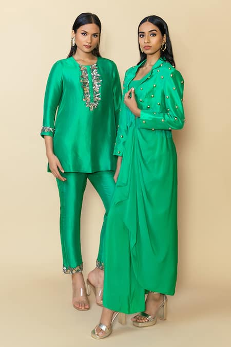 Maison Blu Green Silk, Crepe Studs Square Neck Embellished Blazer And Draped Skirt Set Online at Aza Fashions Maison Blu_Green Silk, Crepe Studs Square Neck Embellished Blazer And Draped Skirt Set _Online_at_Aza_Fashions