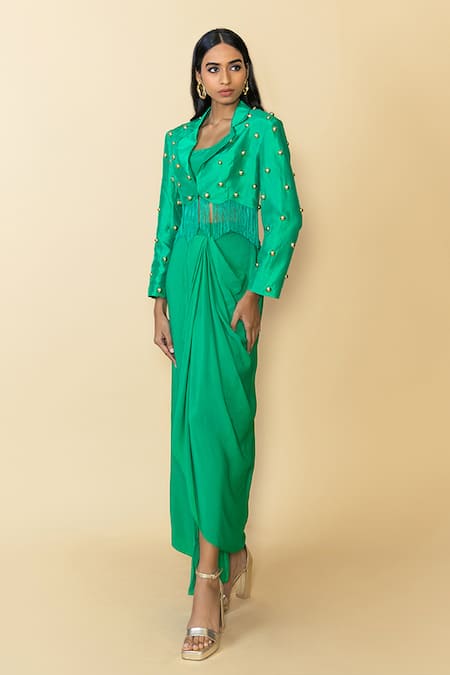 Buy Maison Blu Green Silk, Crepe Studs Square Neck Embellished Blazer And Draped Skirt Set Online at Aza Fashions Buy_Maison Blu_Green Silk, Crepe Studs Square Neck Embellished Blazer And Draped Skirt Set _Online_at_Aza_Fashions