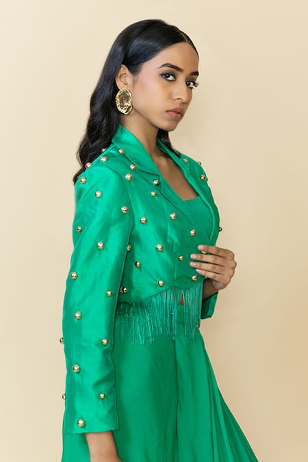 Shop Maison Blu Green Silk, Crepe Studs Square Neck Embellished Blazer And Draped Skirt Set Online at Aza Fashions Shop_Maison Blu_Green Silk, Crepe Studs Square Neck Embellished Blazer And Draped Skirt Set _Online_at_Aza_Fashions