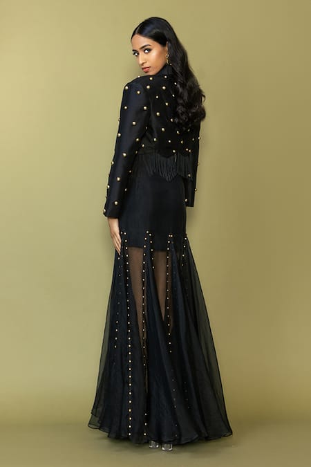 Maison Blu Stud Embellished Blazer & Sheer Skirt Set 