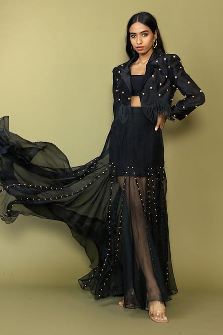Buy_Maison Blu_Black Silk Studs Embellished Blazer And Sheer Skirt Set _Online_at_Aza_Fashions