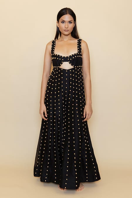 Maison Blu Black Silk, Linen Studs Sweetheart Neck Embellished Flared Jumpsuit Online at Aza Fashions Maison Blu_Black Silk, Linen Studs Sweetheart Neck Embellished Flared Jumpsuit _Online_at_Aza_Fashions