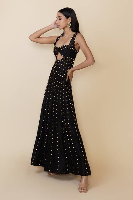 Maison Blu Black Silk, Linen Studs Sweetheart Neck Embellished Flared Jumpsuit at Aza Fashions Maison Blu_Black Silk, Linen Studs Sweetheart Neck Embellished Flared Jumpsuit _at_Aza_Fashions