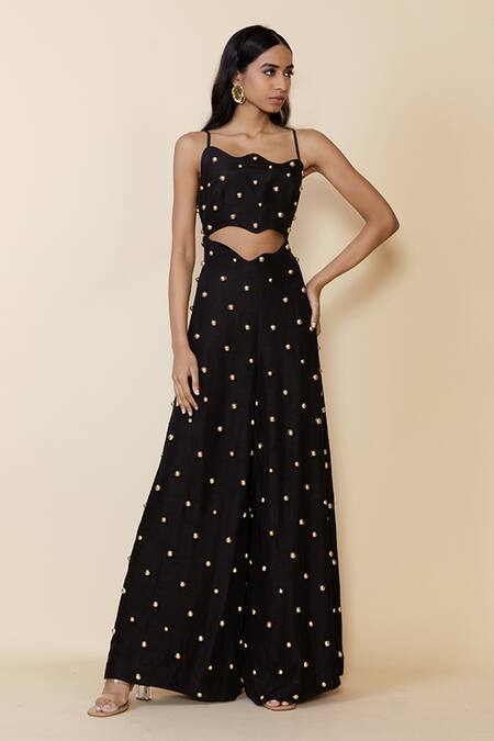 Maison Blu Black Silk, Linen Studs Asymmetric Wave Flared Embellished Jumpsuit Online at Aza Fashions Maison Blu_Black Silk, Linen Studs Asymmetric Wave Flared Embellished Jumpsuit _Online_at_Aza_Fashions