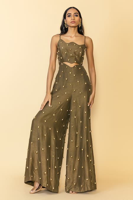 Maison Blu Green Silk, Linen Studs Asymmetric Wave Flared Embellished Jumpsuit Online at Aza Fashions Maison Blu_Green Silk, Linen Studs Asymmetric Wave Flared Embellished Jumpsuit _Online_at_Aza_Fashions