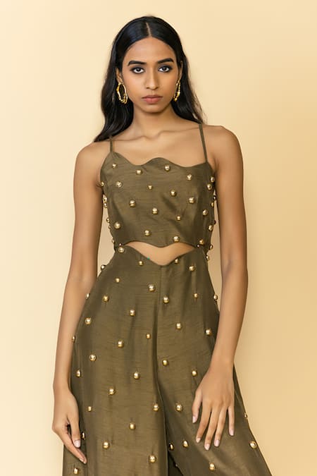 Buy Maison Blu Green Silk, Linen Studs Asymmetric Wave Flared Embellished Jumpsuit Online at Aza Fashions Buy_Maison Blu_Green Silk, Linen Studs Asymmetric Wave Flared Embellished Jumpsuit _Online_at_Aza_Fashions