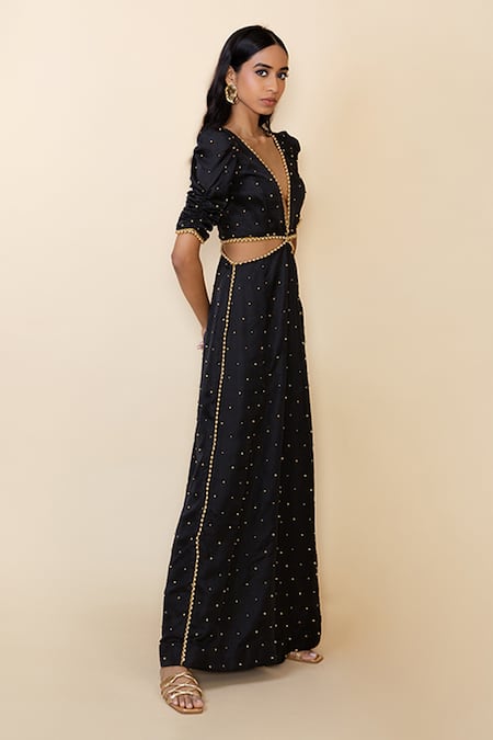 Maison Blu_Black Silk Metallic Thread V-neck Ball Embellished Jumpsuit _Online_at_Aza_Fashions