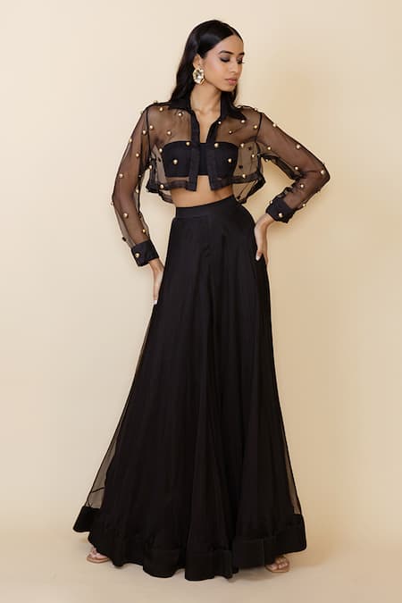 Maison Blu Sheer Stud Embellished Shirt & Sharara Set 