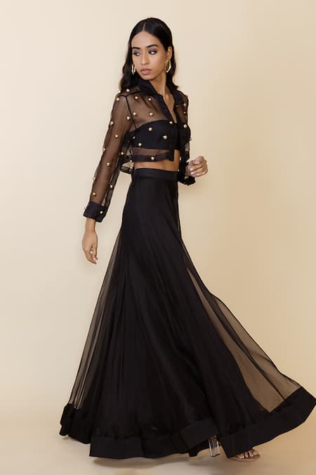 Maison Blu_Black Silk Studs Collared, Round Neck Sheer Embellished Set _Online_at_Aza_Fashions