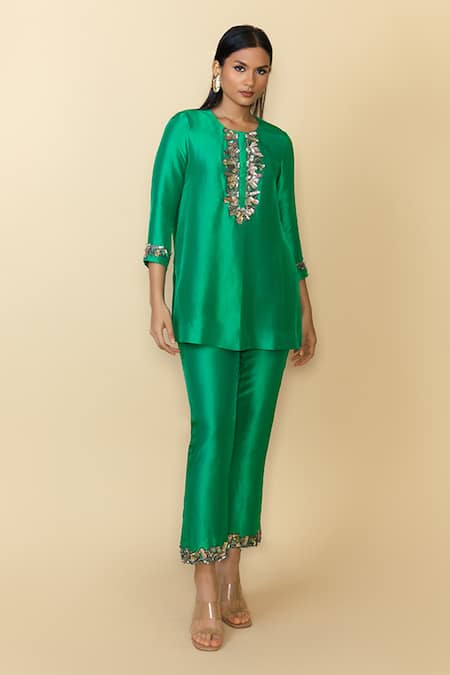 Maison Blu 3D Embroidered Green Tunic & Pant Set 