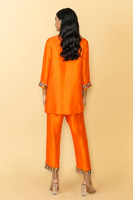 Maison Blu 3D Embroidered Orange Tunic & Pant Set 