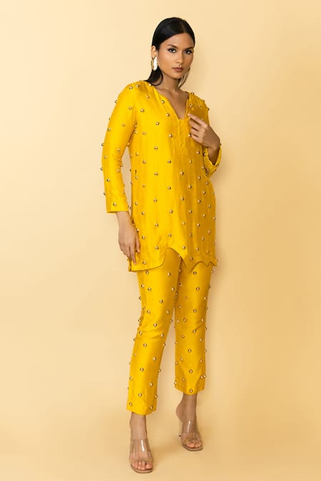 Maison Blu_Yellow Silk, Linen Studs Split V-neck Wave Embellished Tunic And Pant Set _Online_at_Aza_Fashions