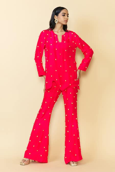 Maison Blu_Pink Silk, Linen Studs Collared Embellished Tunic And Pant Set _Online_at_Aza_Fashions