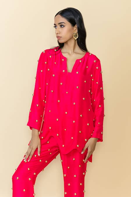 Buy_Maison Blu_Pink Silk, Linen Studs Collared Embellished Tunic And Pant Set _Online_at_Aza_Fashions
