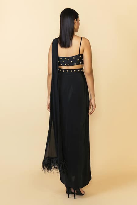 Maison Blu Feathered Embellished Pre-Draped Saree Set 