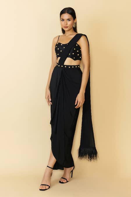 Maison Blu_Black Silk, Crepe Studs, Feathers Sweetheart Embellished Pre-draped Saree Set _Online_at_Aza_Fashions