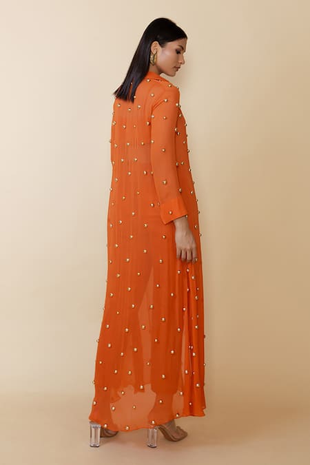 Maison Blu Stud Embellished Orange Jacket Pant Set 