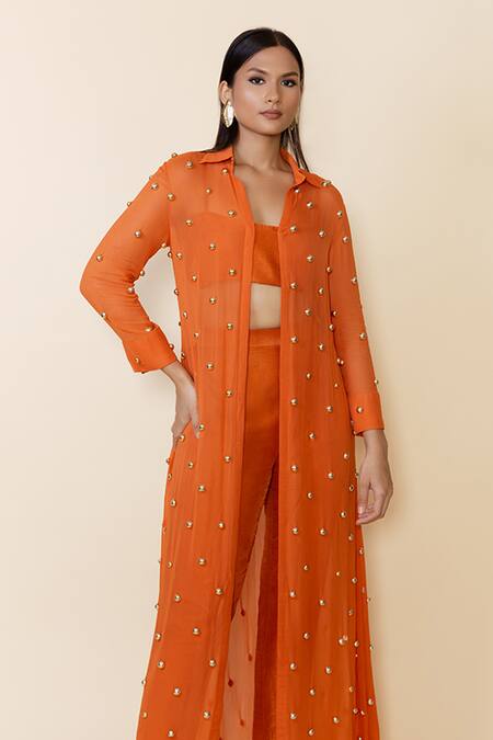Maison Blu Orange Georgette, Silk Studs Collared Embellished Jacket Pant Set Online at Aza Fashions Maison Blu_Orange Georgette, Silk Studs Collared Embellished Jacket Pant Set _Online_at_Aza_Fashions