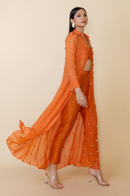 Buy Maison Blu Orange Georgette, Silk Studs Collared Embellished Jacket Pant Set Online at Aza Fashions Buy_Maison Blu_Orange Georgette, Silk Studs Collared Embellished Jacket Pant Set _Online_at_Aza_Fashions