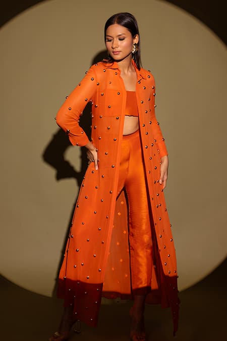Shop Maison Blu Orange Georgette, Silk Studs Collared Embellished Jacket Pant Set Online at Aza Fashions Shop_Maison Blu_Orange Georgette, Silk Studs Collared Embellished Jacket Pant Set _Online_at_Aza_Fashions