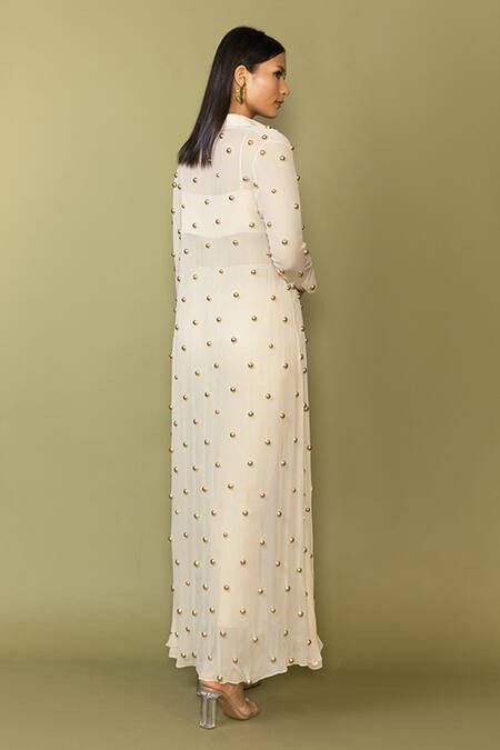 Shop_Maison Blu_Cream Georgette, Silk Studs Round Neck Embellished Sheer Jacket And Pant Set _at_Aza_Fashions