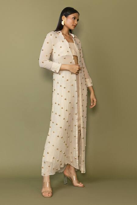 Maison Blu_Cream Georgette, Silk Studs Round Neck Embellished Sheer Jacket And Pant Set _Online_at_Aza_Fashions