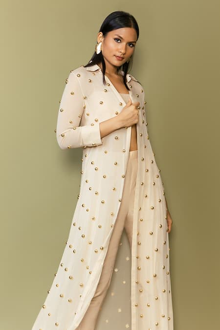 Buy_Maison Blu_Cream Georgette, Silk Studs Round Neck Embellished Sheer Jacket And Pant Set _Online_at_Aza_Fashions