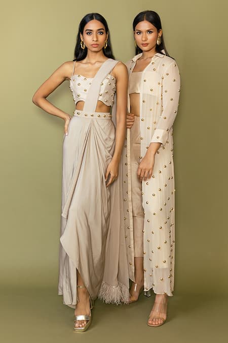 Shop_Maison Blu_Cream Georgette, Silk Studs Round Neck Embellished Sheer Jacket And Pant Set _Online_at_Aza_Fashions