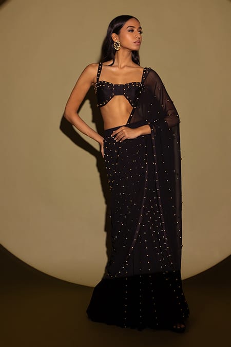 Shop_Maison Blu_Black Silk, Georgette, Linen Studs Embellished Drape Dupatta And Skirt Set _Online_at_Aza_Fashions