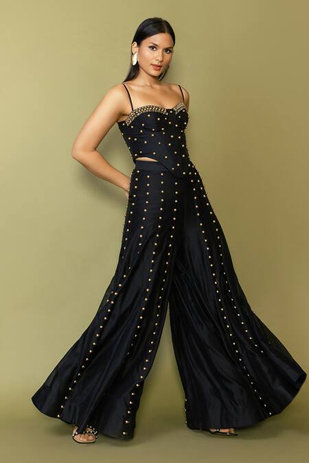 Maison Blu Black Silk, Linen Studs Sweetheart Neck Embellished Corset And Sharara Set Online at Aza Fashions Maison Blu_Black Silk, Linen Studs Sweetheart Neck Embellished Corset And Sharara Set _Online_at_Aza_Fashions