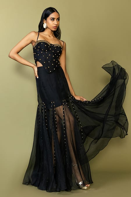 Maison Blu Black Stud Embellished Corset & Sheer Skirt Set 