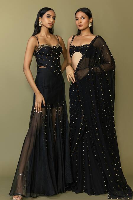 Maison Blu_Black Silk Studs Sweetheart Neck Embellished Corset And Sheer Skirt Set _Online_at_Aza_Fashions