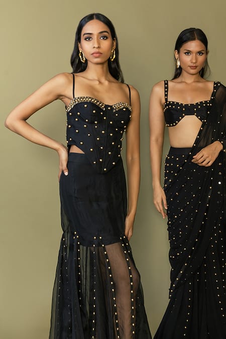 Buy_Maison Blu_Black Silk Studs Sweetheart Neck Embellished Corset And Sheer Skirt Set _Online_at_Aza_Fashions