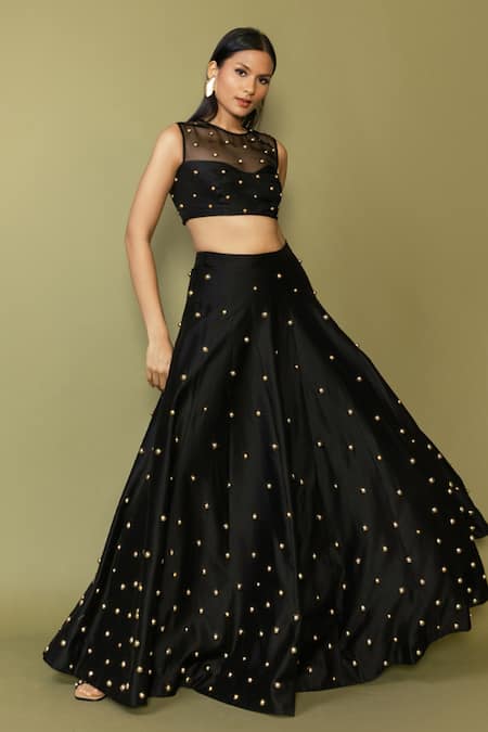 Maison Blu Stud Embellished Black Crop Top & Lehenga Set 