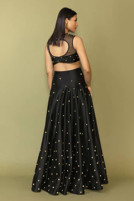 Maison Blu Stud Embellished Black Crop Top & Lehenga Set 