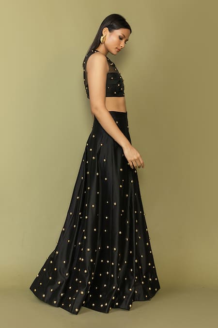 Maison Blu Black , Organza Studs Round Neck Embellished Crop Top And Lehenga Set Online at Aza Fashions Maison Blu_Black , Organza Studs Round Neck Embellished Crop Top And Lehenga Set _Online_at_Aza_Fashions