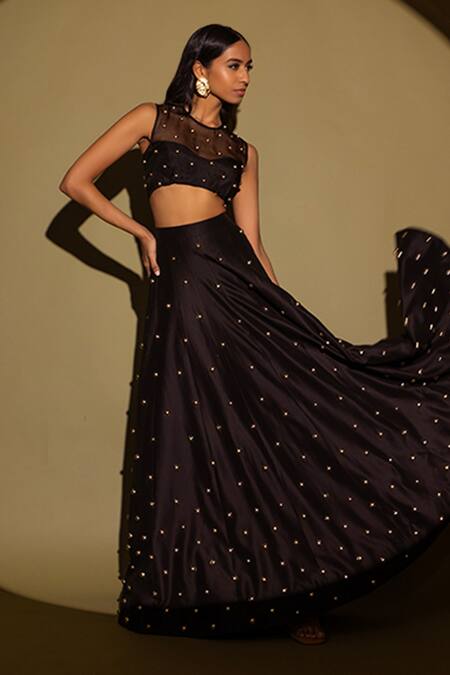Buy Maison Blu Black , Organza Studs Round Neck Embellished Crop Top And Lehenga Set Online at Aza Fashions Buy_Maison Blu_Black , Organza Studs Round Neck Embellished Crop Top And Lehenga Set _Online_at_Aza_Fashions