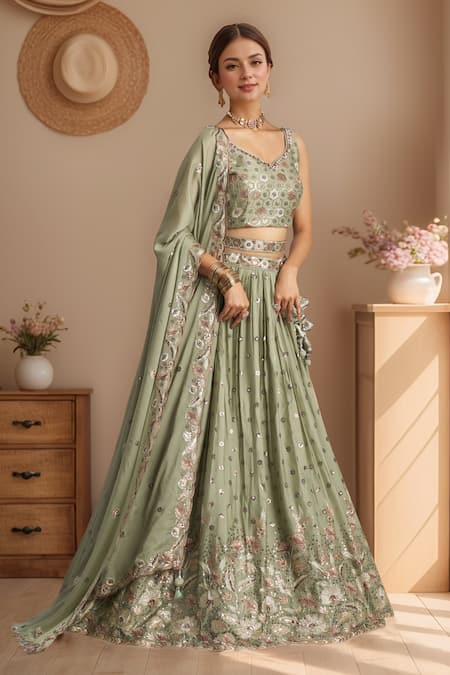 Shop Samyukta Singhania Green Polyester, Georgette Sequins, Stones Floral Bloom Embroidered Lehenga Set Online at Aza Fashions Shop_Samyukta Singhania_Green Polyester, Georgette Sequins, Stones Floral Bloom Embroidered Lehenga Set _Online_at_Aza_Fashions