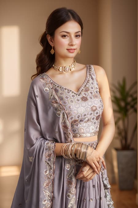 Shop_Samyukta Singhania_Purple Polyester, Georgette Sequins, Stones, Flower Vine Embroidered Lehenga Set _Online_at_Aza_Fashions