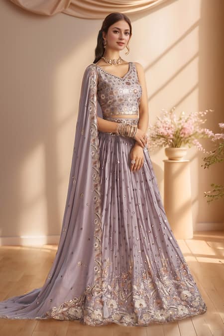 Samyukta Singhania_Purple Polyester, Georgette Sequins, Stones, Flower Vine Embroidered Lehenga Set _at_Aza_Fashions