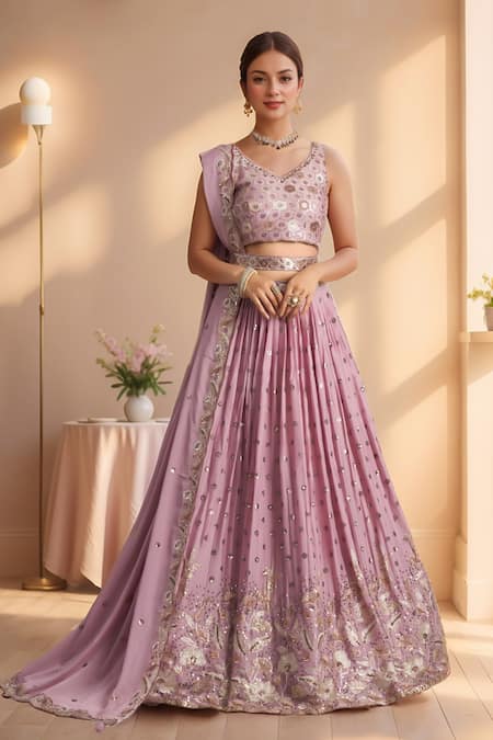 Buy_Samyukta Singhania_Lilac Polyester Sequins, Stones, Embroidery Zari Floral Vine Lehenga Set _Online_at_Aza_Fashions